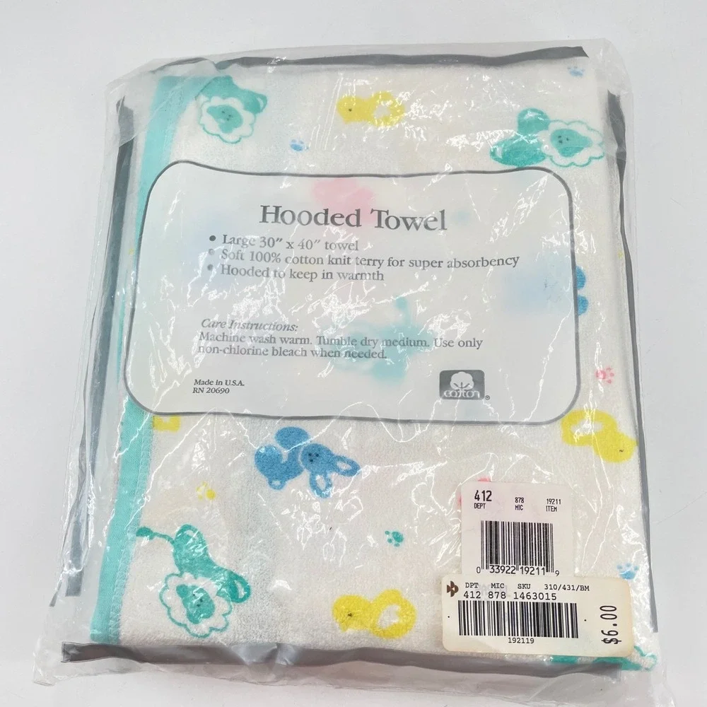 Vtg Starting Out Hooded Blue Baby Bath Towel Cotton Terry Animals USA 30x40